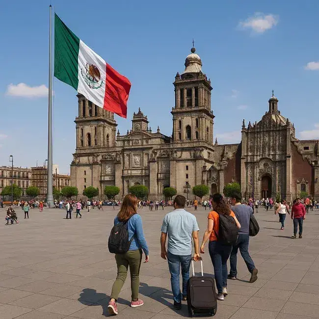 Plaza del Z&oacute;calo en Ciudad de M&eacute;xico con la Catedral Metropolitana al fondo y la gran bandera mexicana ondeando, rodeada de turistas y visitantes.