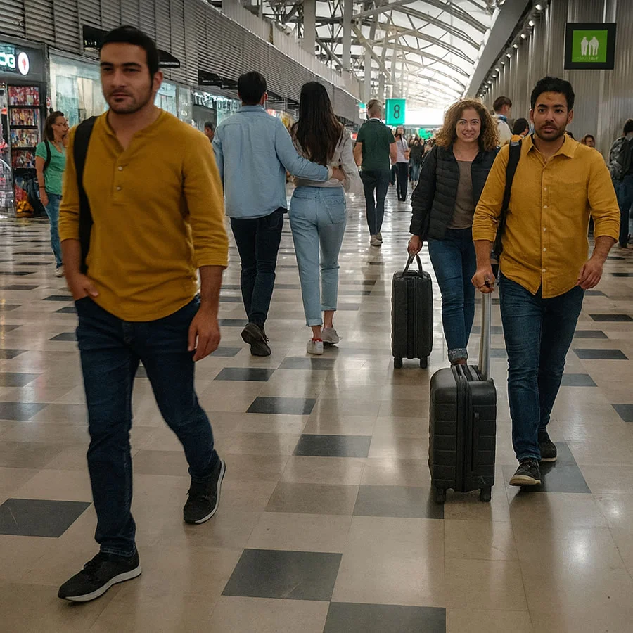 Pasajeros caminando con equipaje de mano en el área pública de la Terminal 1 del Aeropuerto Internacional de la Ciudad de México, con tiendas al fondo y techo de estructura metálica.