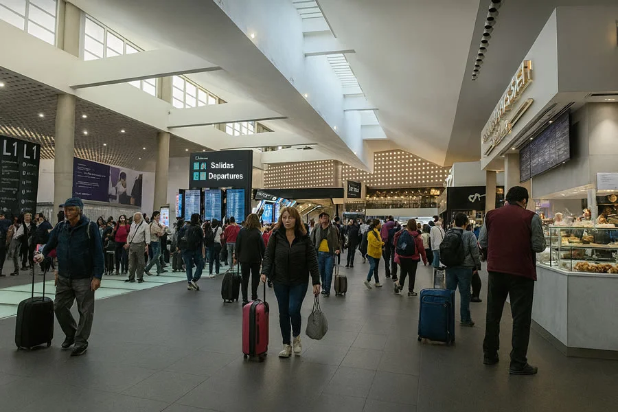 Pasajeros caminando con maletas en el área de salidas de la Terminal 2 del Aeropuerto Internacional de la Ciudad de México, con mostradores de comida y pantallas de información de vuelos al fondo.