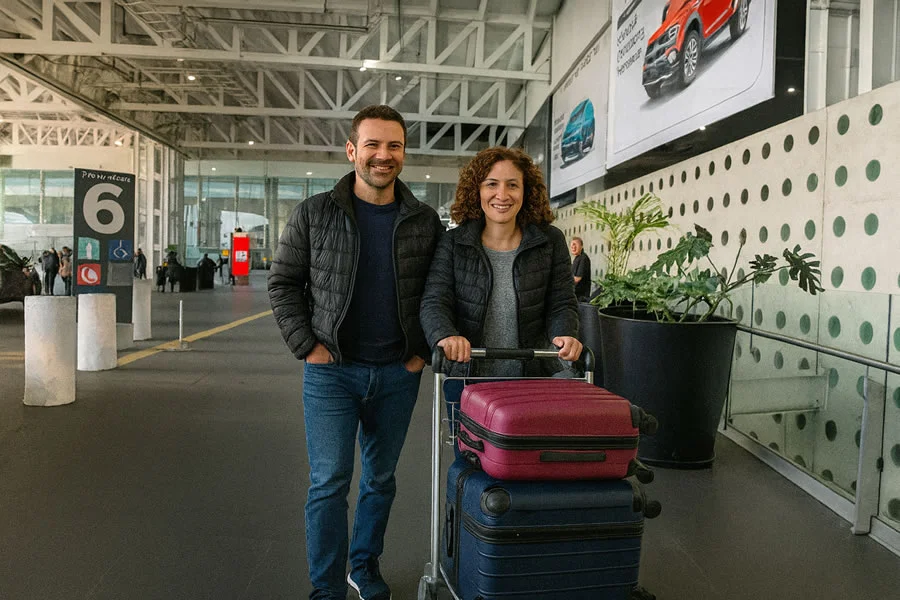 Pareja sonriente empujando un carrito de equipaje con maletas frente a la puerta 6 de la Terminal 2 del Aeropuerto Internacional de la Ciudad de México, en un área techada junto a macetas grandes y señalización visible.