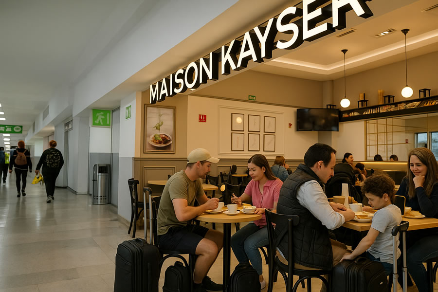 Viajeros comiendo en Maison Kayser dentro del Aeropuerto de la Ciudad de México
