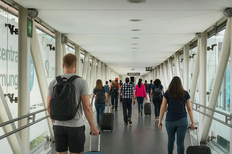 Pasajeros caminando con maletas por el Puente de Pilotos hacia el andén del Aerotrén que conecta las terminales 1 y 2 del Aeropuerto Internacional de la Ciudad de México