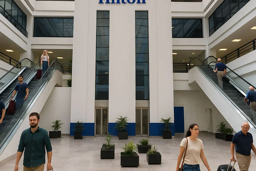 Pasajeros con maletas en el hall de ingreso y en las escaleras mecanicas del Hilton de la Terminal 1 del aeropuerto Benito Juarez