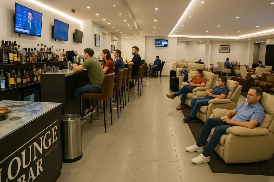Pasajeros descansando en sillones y sentados en la barra del Grand Lounge Elite (Lounge 19) en la Terminal 1 del Aeropuerto Internacional Benito Juárez