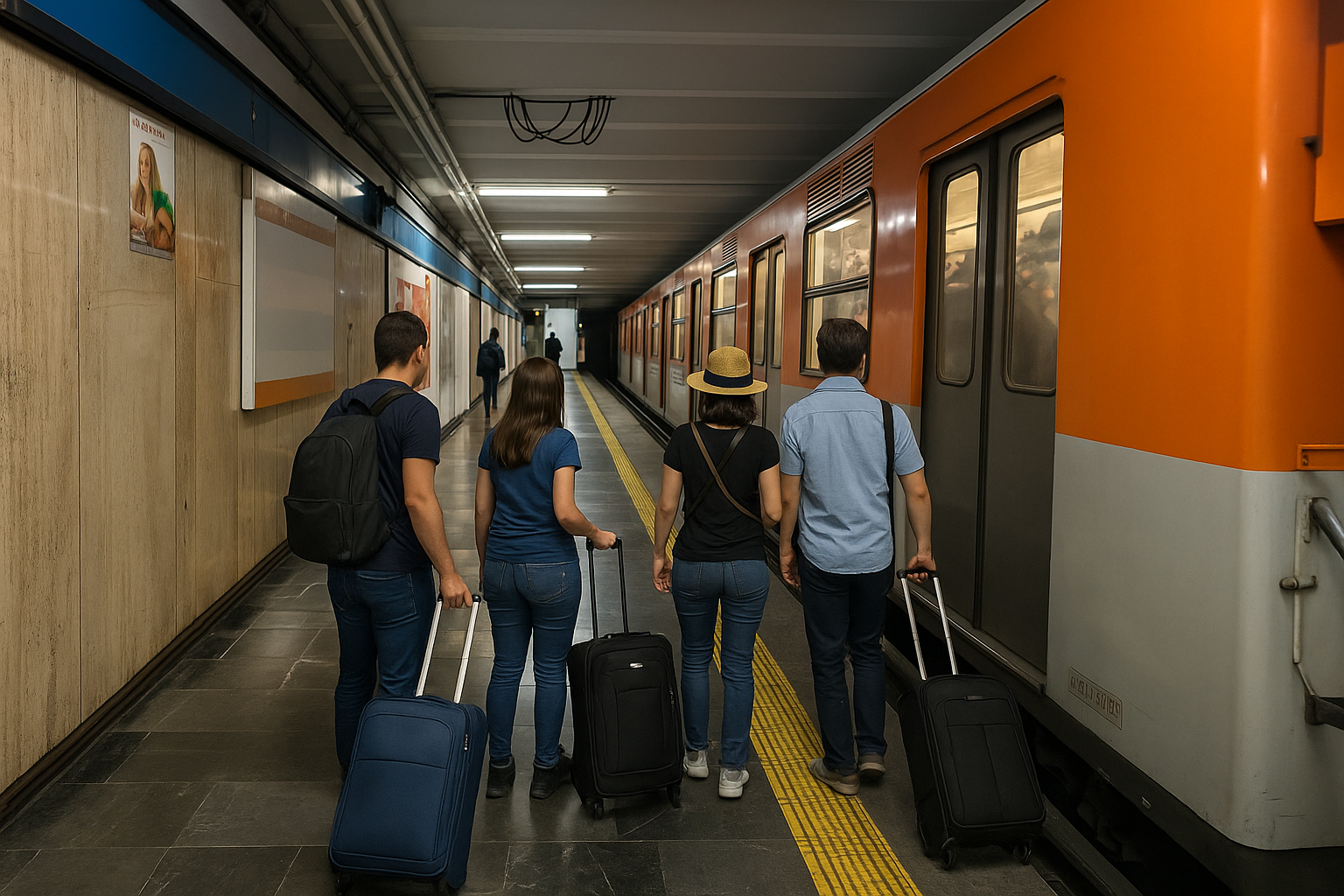 Pasajeros con maletas esperando el metro en la estación del Aeropuerto de la Ciudad de México