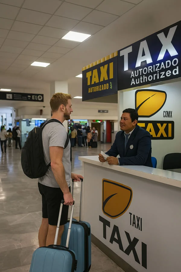 Pasajero con equipaje en el mostrador de reservas de taxis del aeropuerto de ciudad de México