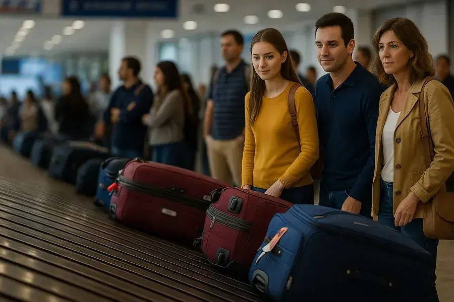 Pasajeros esperando sus maletas en la zona de recolecci&oacute;n del Aeropuerto Internacional Benito Ju&aacute;rez, todos bien ubicados detr&aacute;s de la cinta transportadora.