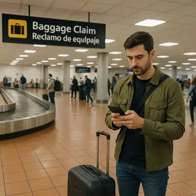Un pasajero configurando su eSIM mientras espera su maleta en la zona de recoleccion de equipajes en el aeropuerto Benito Juarez