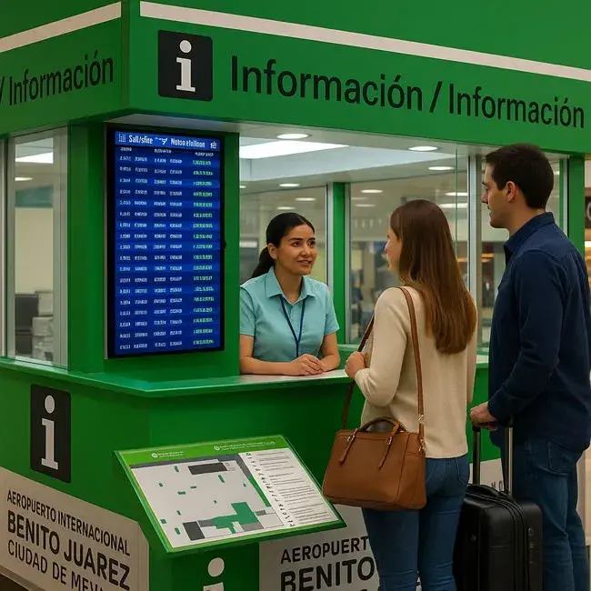 Personal del aeropuerto asisitiendo a una pareja de pasajeros en el puesto de informacion A1 en el aeropuerto Benito Juarez