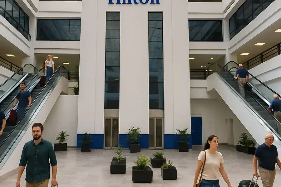Pasajeros con maletas en el hall de ingreso y en las escaleras mecanicas del Hilton de la Terminal 1 del aeropuerto Benito Juarez