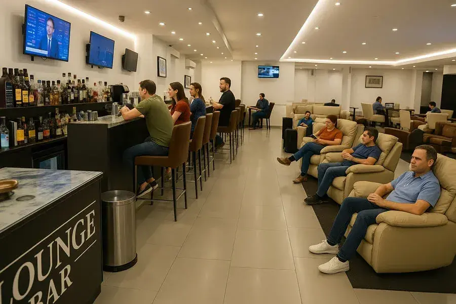 Pasajeros descansando en sillones y sentados en la barra del Grand Lounge Elite (Lounge 19) en la Terminal 1 del Aeropuerto Internacional Benito Ju&aacute;rez