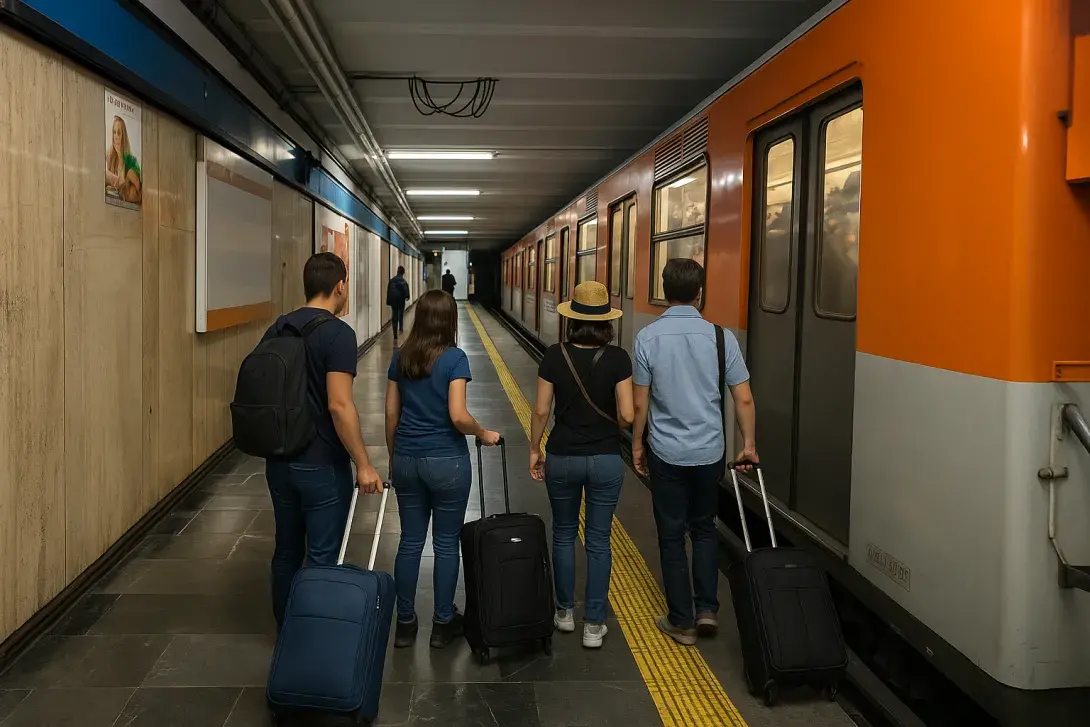 Pasajeros con maletas esperando el metro en la estaci&oacute;n del Aeropuerto de la Ciudad de M&eacute;xico