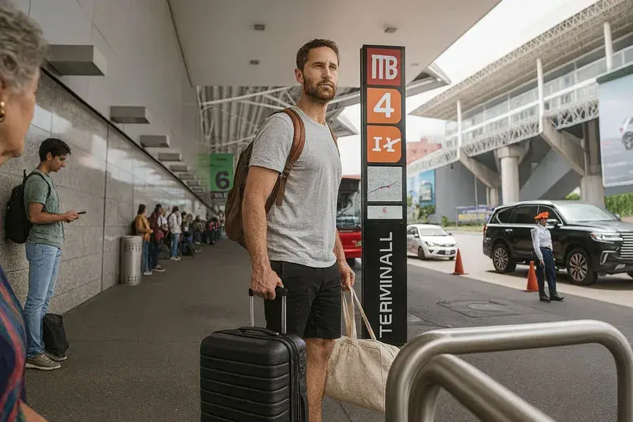 Joven pasajero con sus maletas en la parada delMetrobus l&iacute;nea 4, en la terminal 1 del aeropuerto de Mexico Benito Juarez